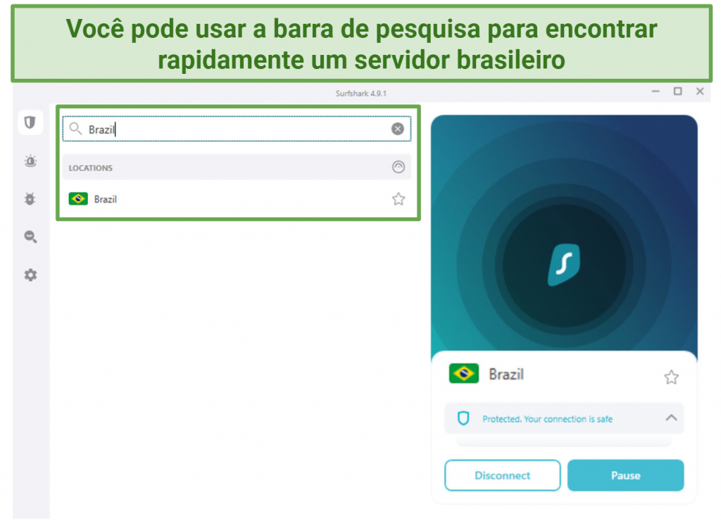 Screenshot showing Surfshark's interface with the Brazil server in the search bar