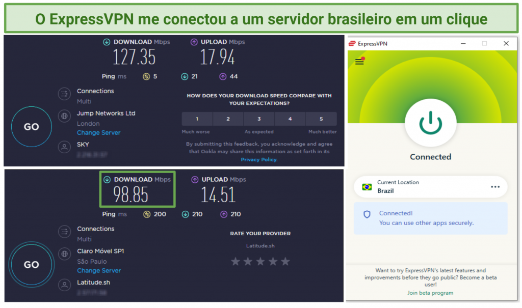 Screenshots showing speed test results with and without ExpressVPN connected to Brazil server