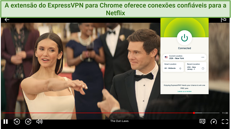 A screenshot of Netflix playing on a Chrome browser with the ExpressVPN extension connected to a server in New York