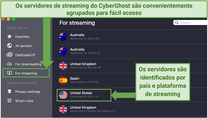 A screenshot showing CyberGhost's streaming-optimized servers on its macOS app