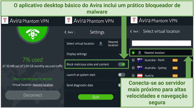 Screenshots of the Avira Phantom VPN app's home screen, settings menu, and server list