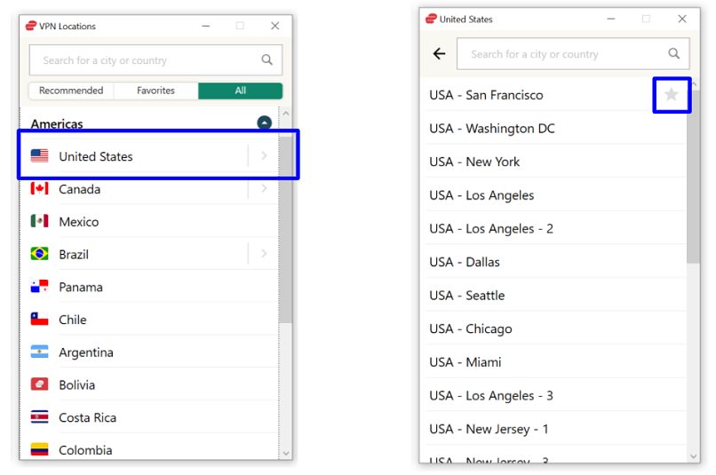 Screenshot showing how to find countries and cities in ExpressVPN app.