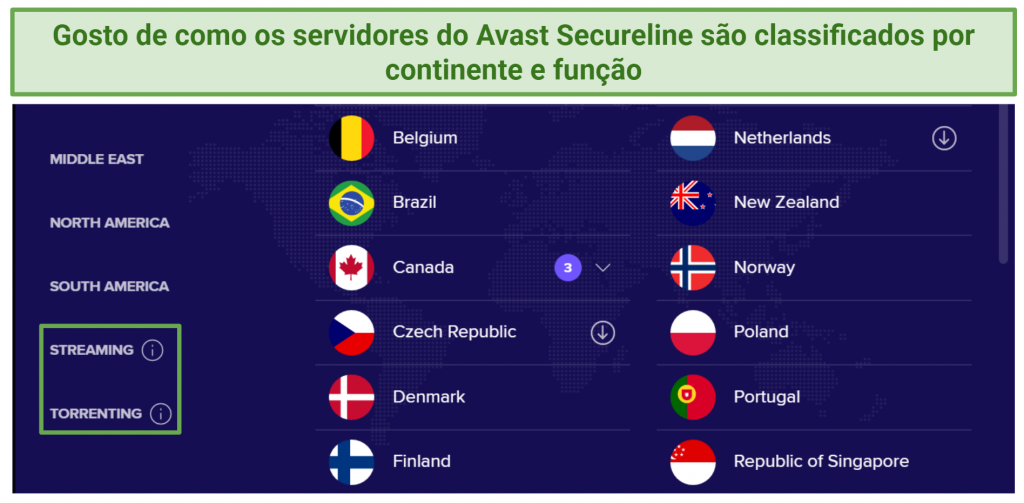 Screenshot of Avast Secureline's server network highlighting where to find torrenting and streaming servers