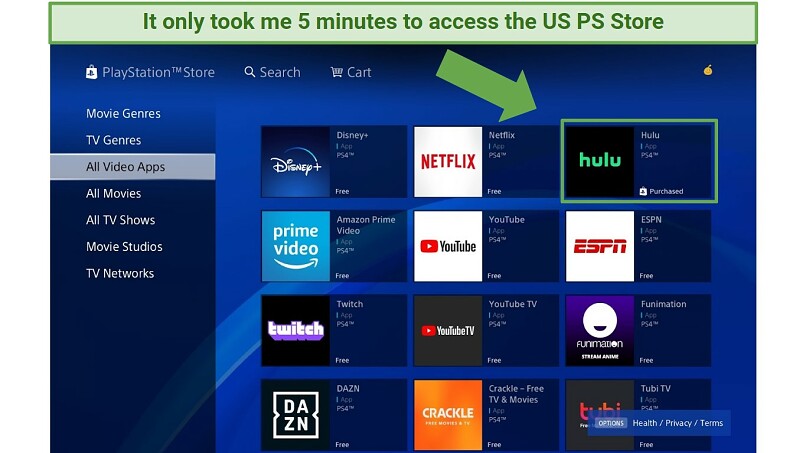 Screenshot of PlayStation Store on PS4 with Hulu and other video apps