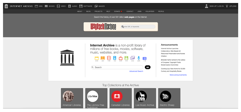 Captura de tela mostrando a página inicial do site de torrent Internet Archive