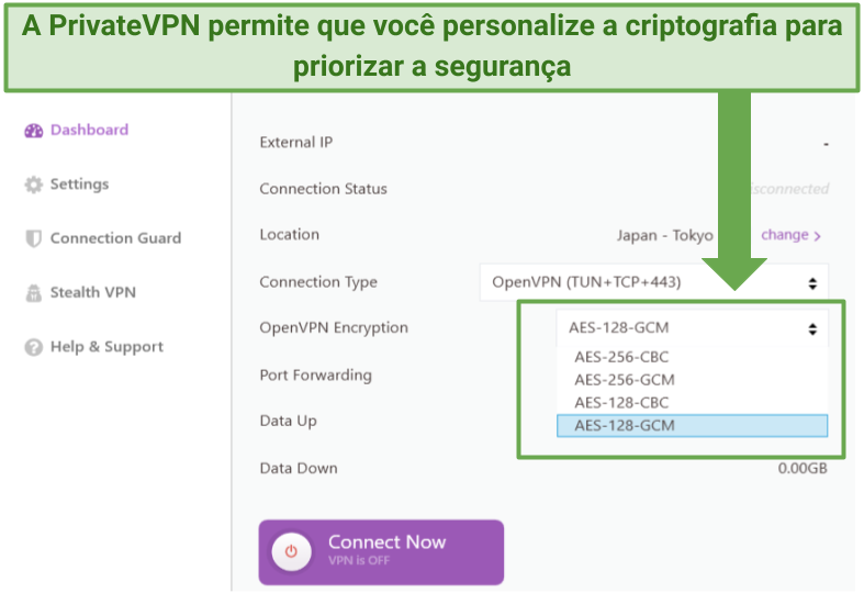 A screenshot showing PrivateVPN lets you choose the level of encryption.