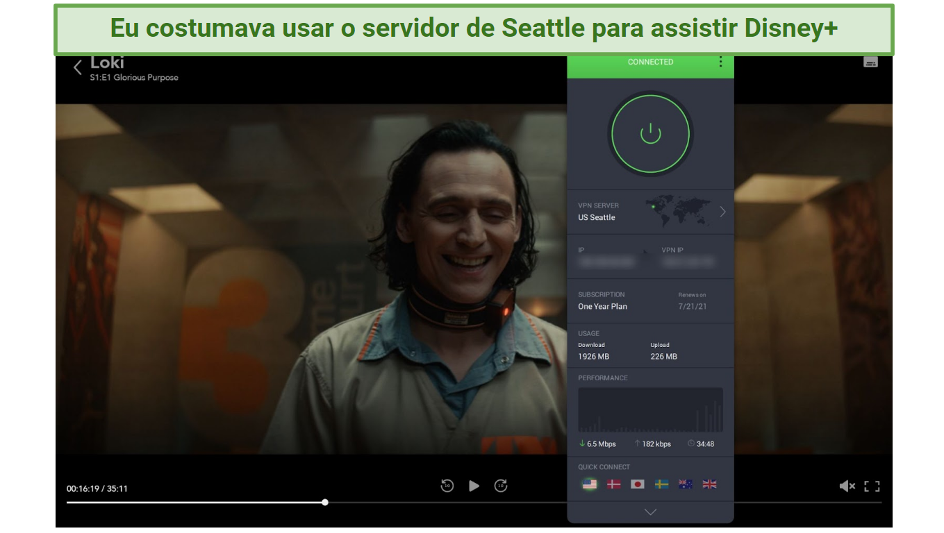 Screenshot of Disney+ player streaming Loki unblocked with Private Internet Access