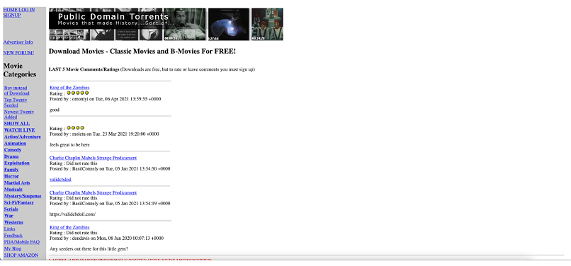 Captura de tela mostrando a página inicial do site de torrent Public Domain Torrents