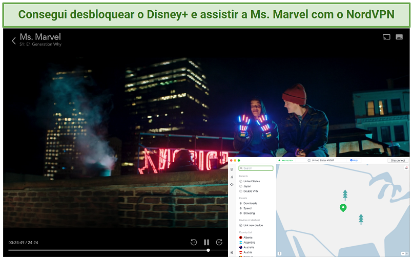 Screenshot of Disney+ player streaming Ms. Marvel while connected to NordVPN