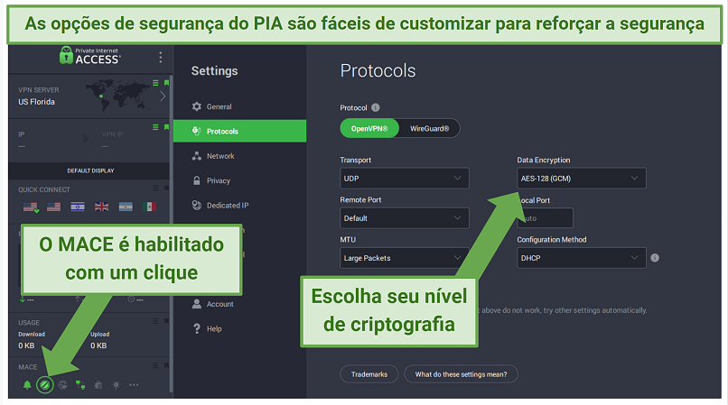 PIA Windows app displaying how to customize different security features and enable MACE