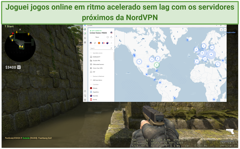 A screenshot showing me playing CS: GO using one of NordVPN's US server