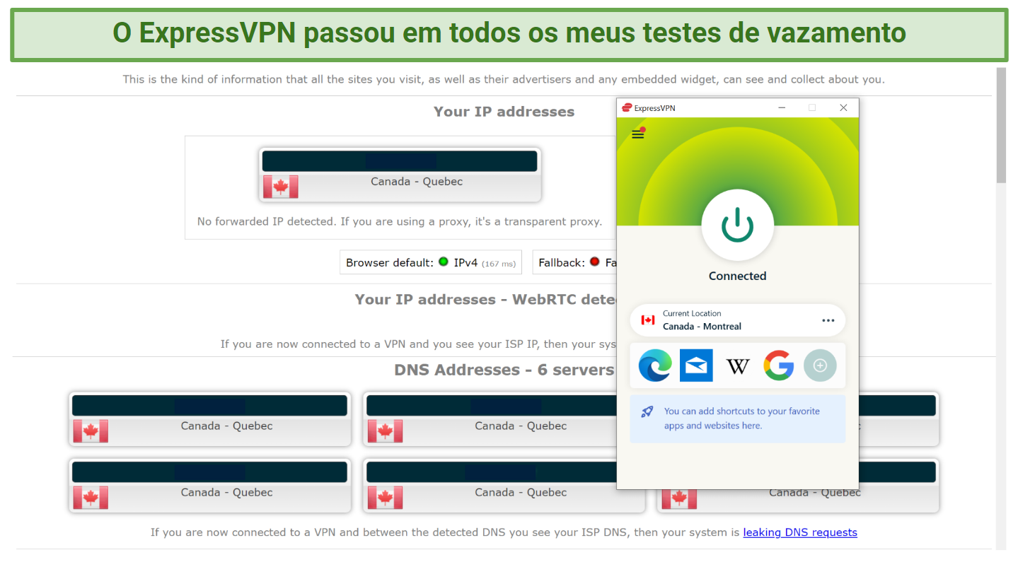 Screenshot of a leak test performed on ipleak.net while connected to ExpressVPN's Montreal server