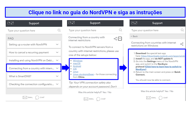 A screenshot of NordVPN's help chat which explains how to use NordVPN in China