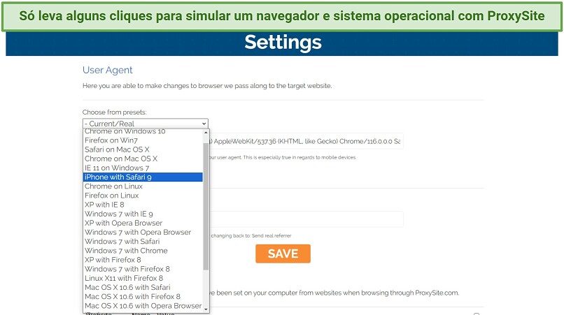 Screenshot of ProxySite settings with custom presets for browsers and operating systems