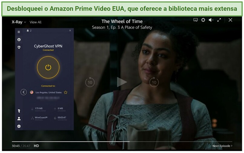 Screenshot of Amazon Prime Video player streaming Wheel of Time while connected to CyberGhost