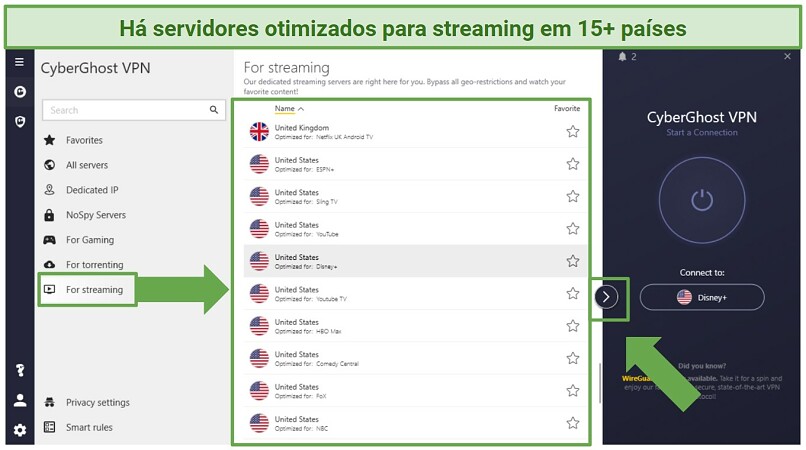 Screenshot of CyberGhost Windows app highlighting the streaming-optimized servers