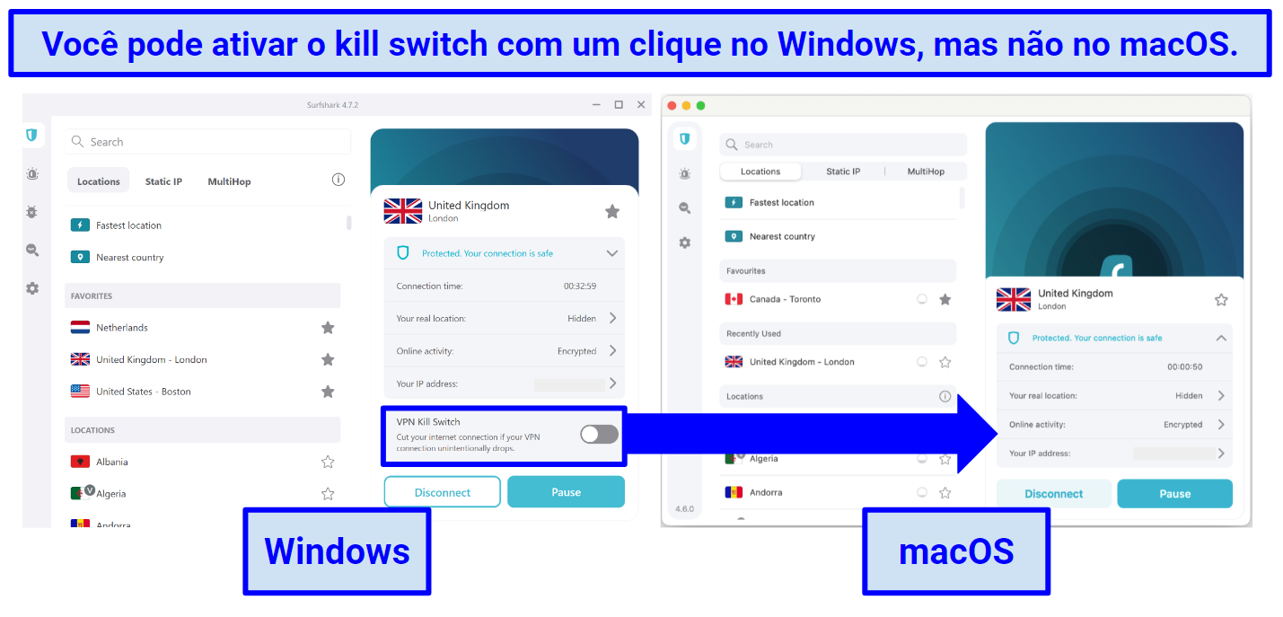 Screenshots comparing Surshark's Windows and macOS apps