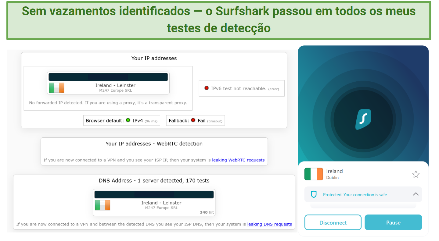 Screenshot showing Surfshark doesn't leak IP, DNS, or IPv6 data.
