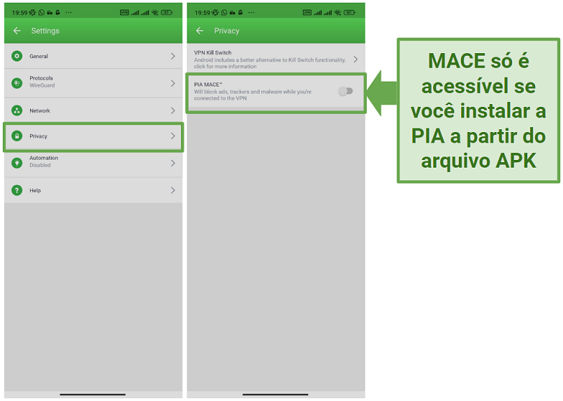 Screenshot of PIA's Andriod app showing the settings tab and the PIA MACE feature