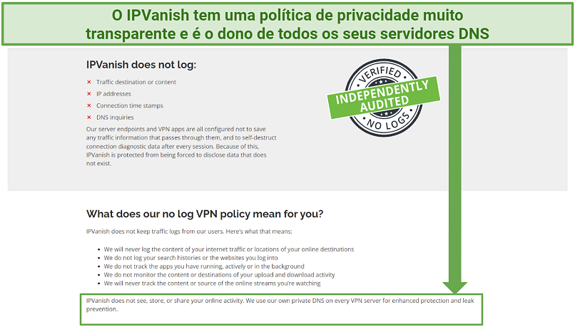 Screenshot showing IPVanish's no-logs promises and stating it owns all its servers