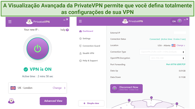 Screenshot showing PrivateVPN's interface