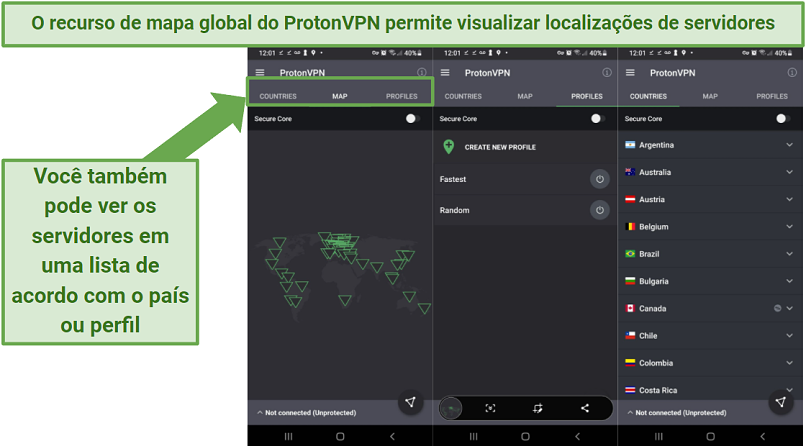 Screenshot of ProtonVPN's Android app, showing its world map feature for viewing server locations
