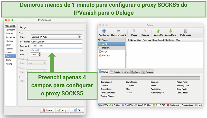 Screenshot showing the Preferences panel on the Deluge torrent client, with IPVanish's SOCKS5 proxy configurations