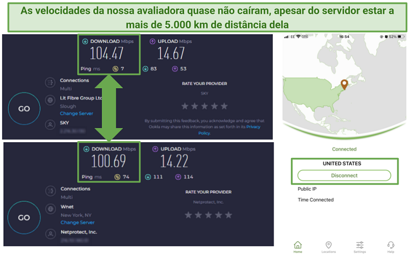 Screenshot of IPVanish's speed tests on long-distance servers in New York