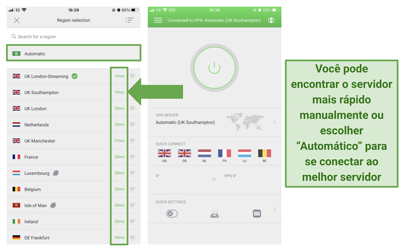 Screenshot of PIA's iOS app showing the latency of each server