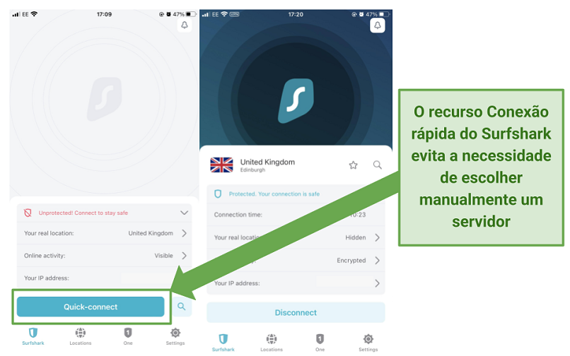Screenshot of Surfshark's iOS app highlighting the Quick-connect feature