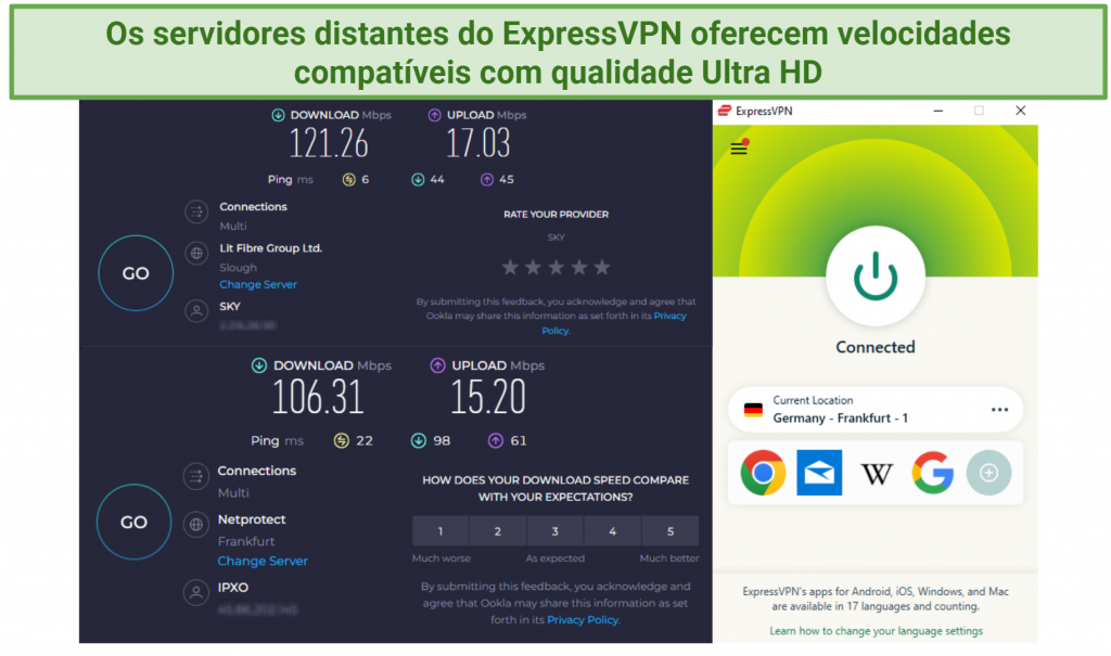 Screenshot showing the ExpressVPN app connected to a server in Germany over a browser showing an Ookla speed test