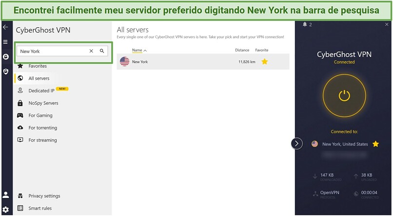 Captura de tela da interface limpa do CyberGhost conectada a um servidor de Nova York