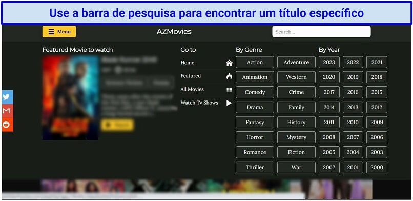 Uma captura de tela da interface do AZMovies mostrando sua divisão simples por gênero e por ano