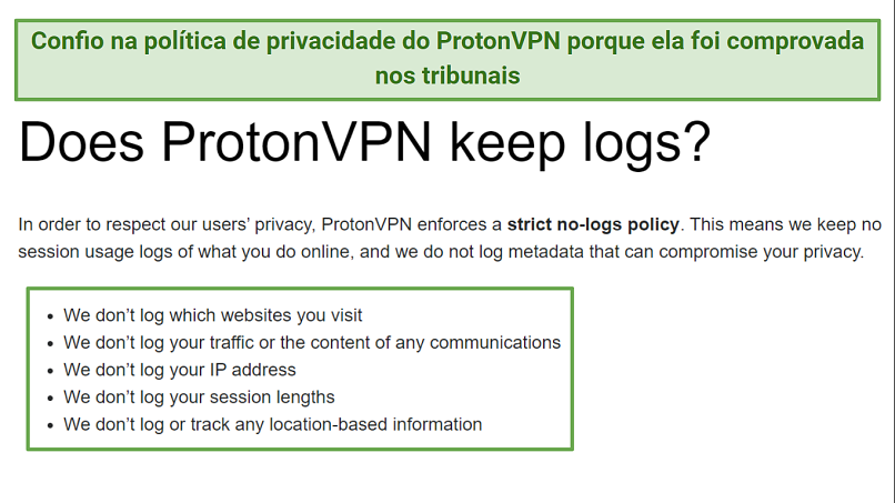 Screenshot of Proton VPN's logging policy highlighting what information it doesn't store