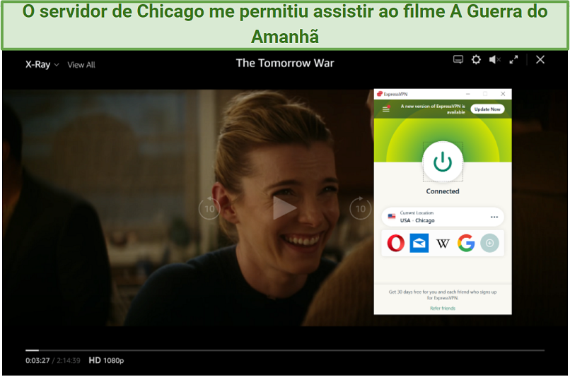 Screenshot of Amazon Prime Video player streaming The Tomorrow War while connected to ExpressVPN