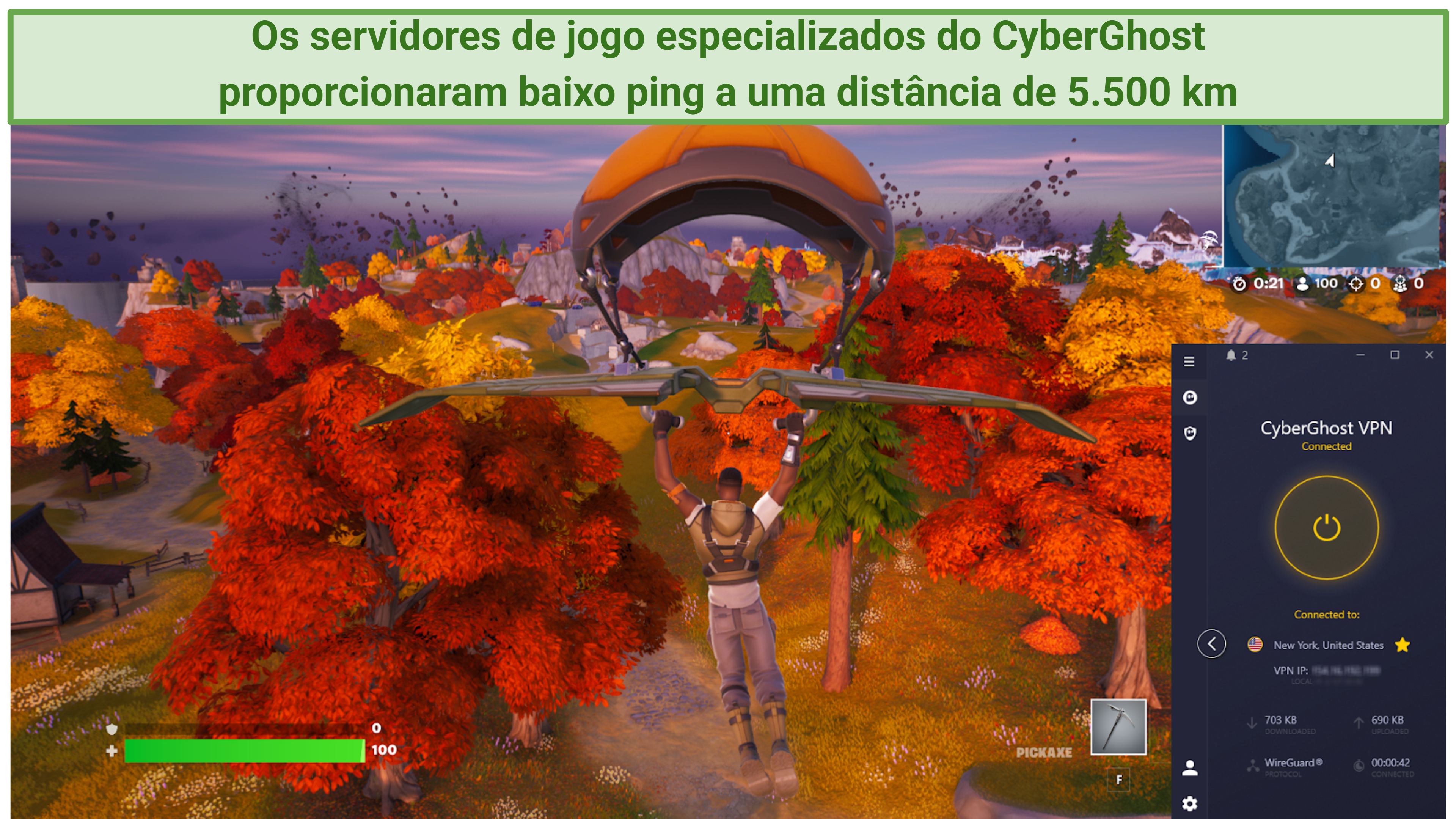 Screenshot showing CyberGhost connected to a gaming server over a browser playing Fortnite