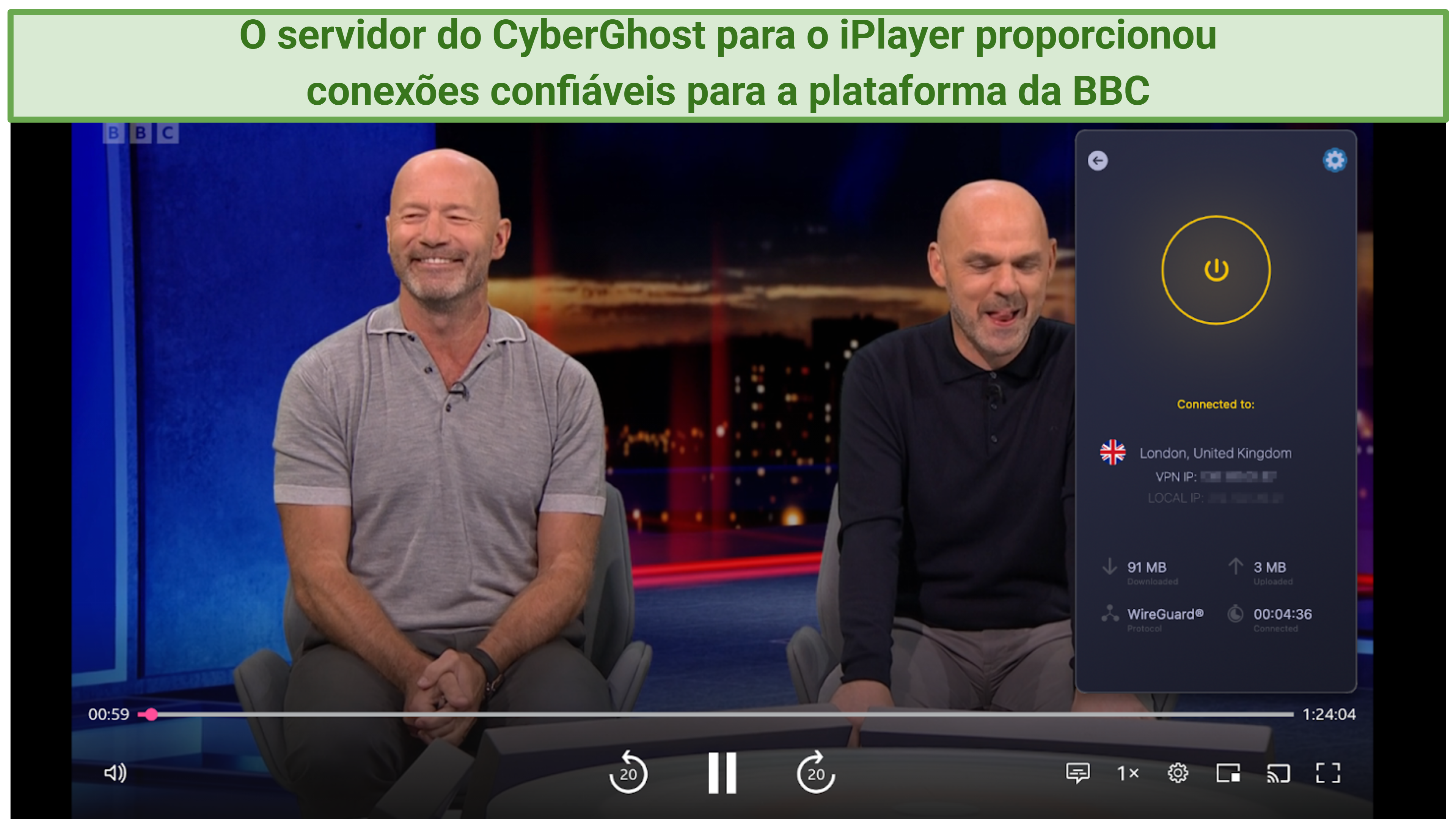 Screenshot showing CyberGhost connected to the iPlayer specialty streaming server server over a browser window streaming Match of the Day