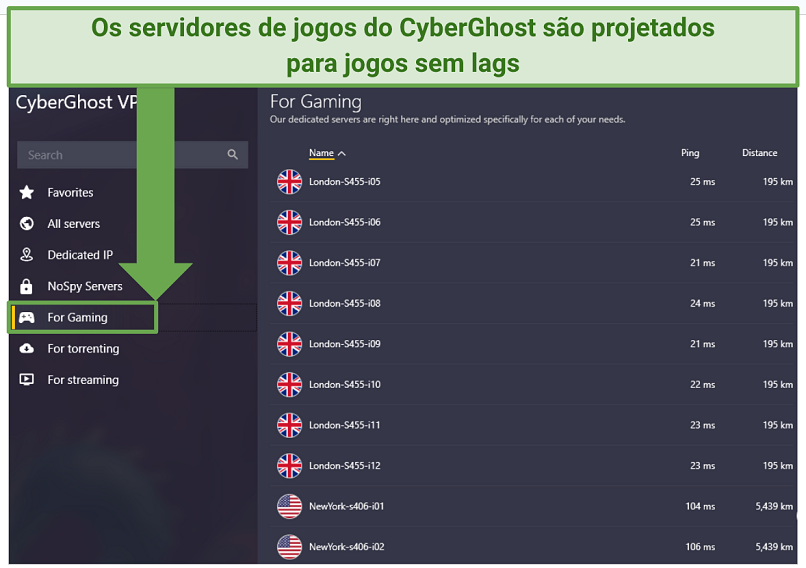 Screenshot of CyberGhost's gaming-optimized servers list