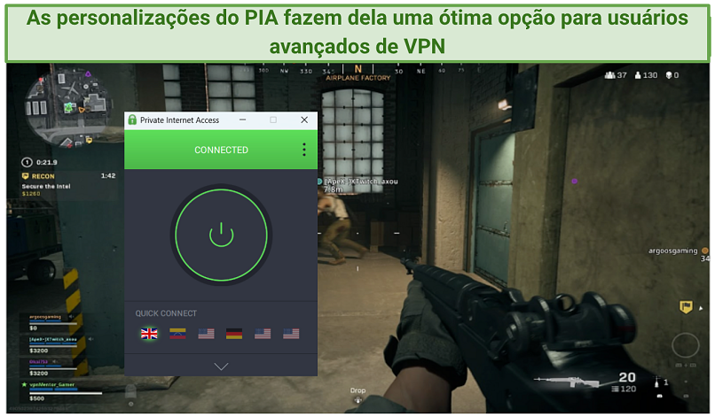 screenshot of COD gameplay with PIA connected