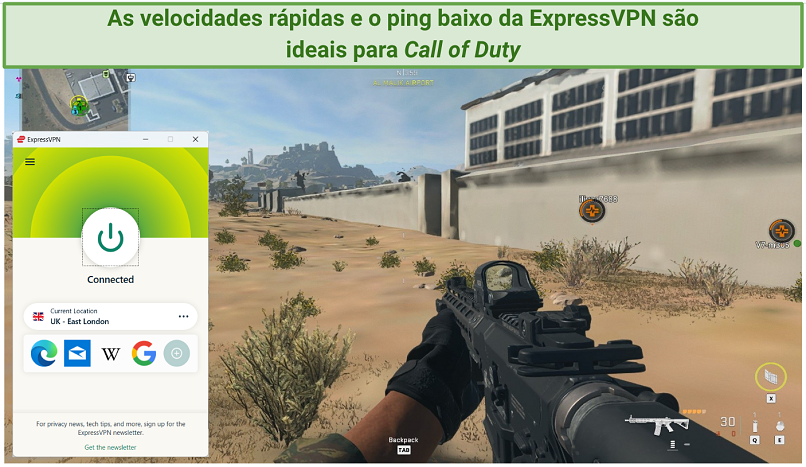 Screenshot of COD gameplay with ExpressVPN connected