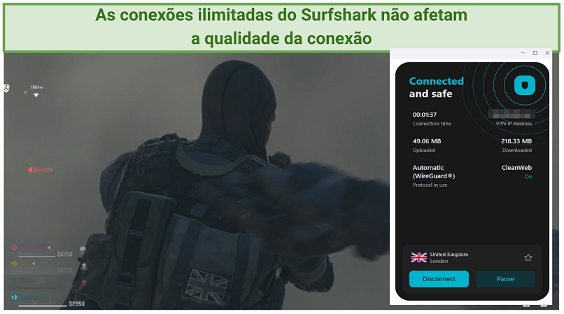 A screenshot of Call of Duty gameplay while connected to Surfshark