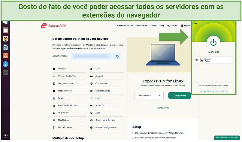 Screenshot of the ExpressVPN Firefox browser extension being used on a Linux device with Ubuntu