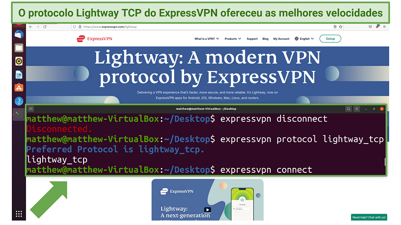 Screenshot of ExpressVPN's command line on Linux switching to the Lightway TCP protocol 