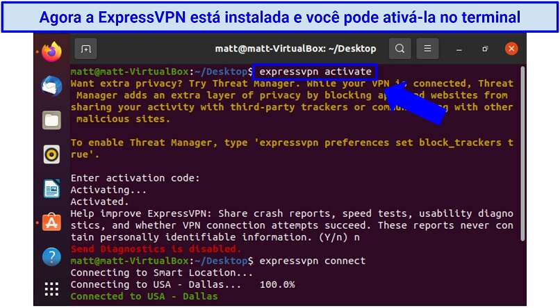 Screenshot of ExpressVPN's Linux app showing how to activate it in the terminal