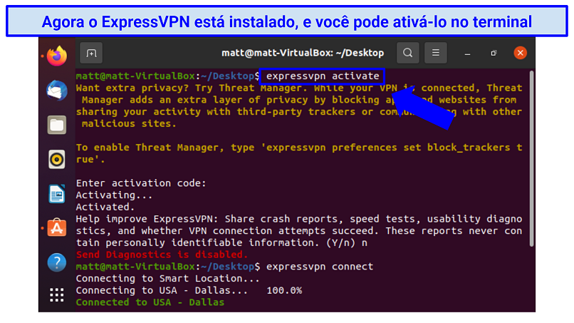 Screenshot of ExpressVPN's Linux app showing how to activate it in the terminal