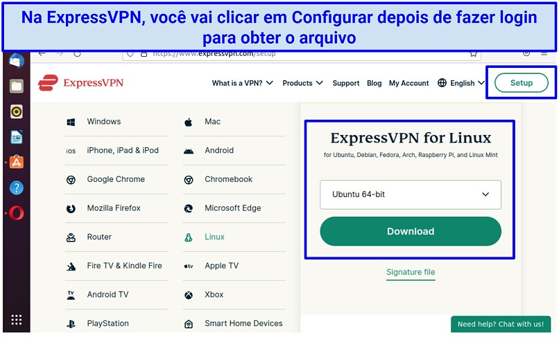 Screenshot of ExpressVPN account page highlighting where to download the Linux app