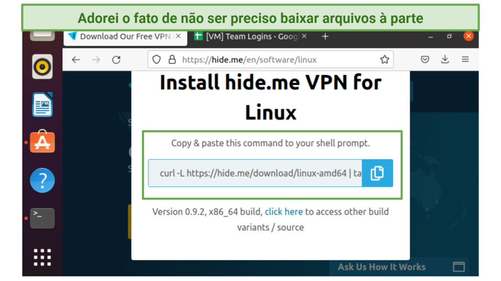 Screenshot of hide.me's installation guide for Linux