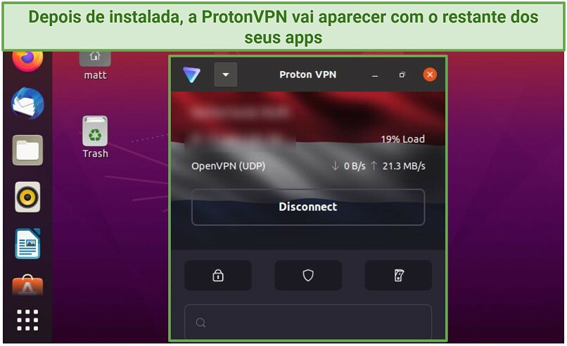 Screenshot of Proton VPN connected to a free server on Linux