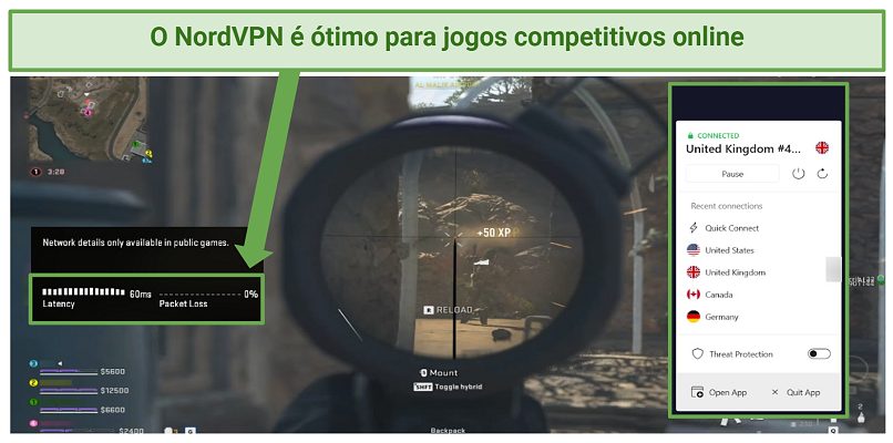 Screenshot of frag in CoD: Warzone 2 with NordVPN connected to the UK server