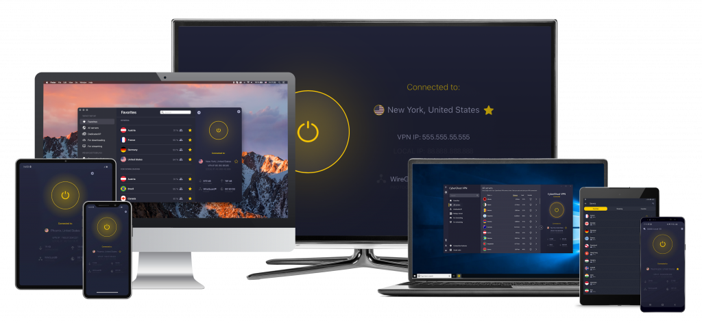 graphic of cyberghost 8 apps user interface on different devices like laptops, desktops, and smartphones